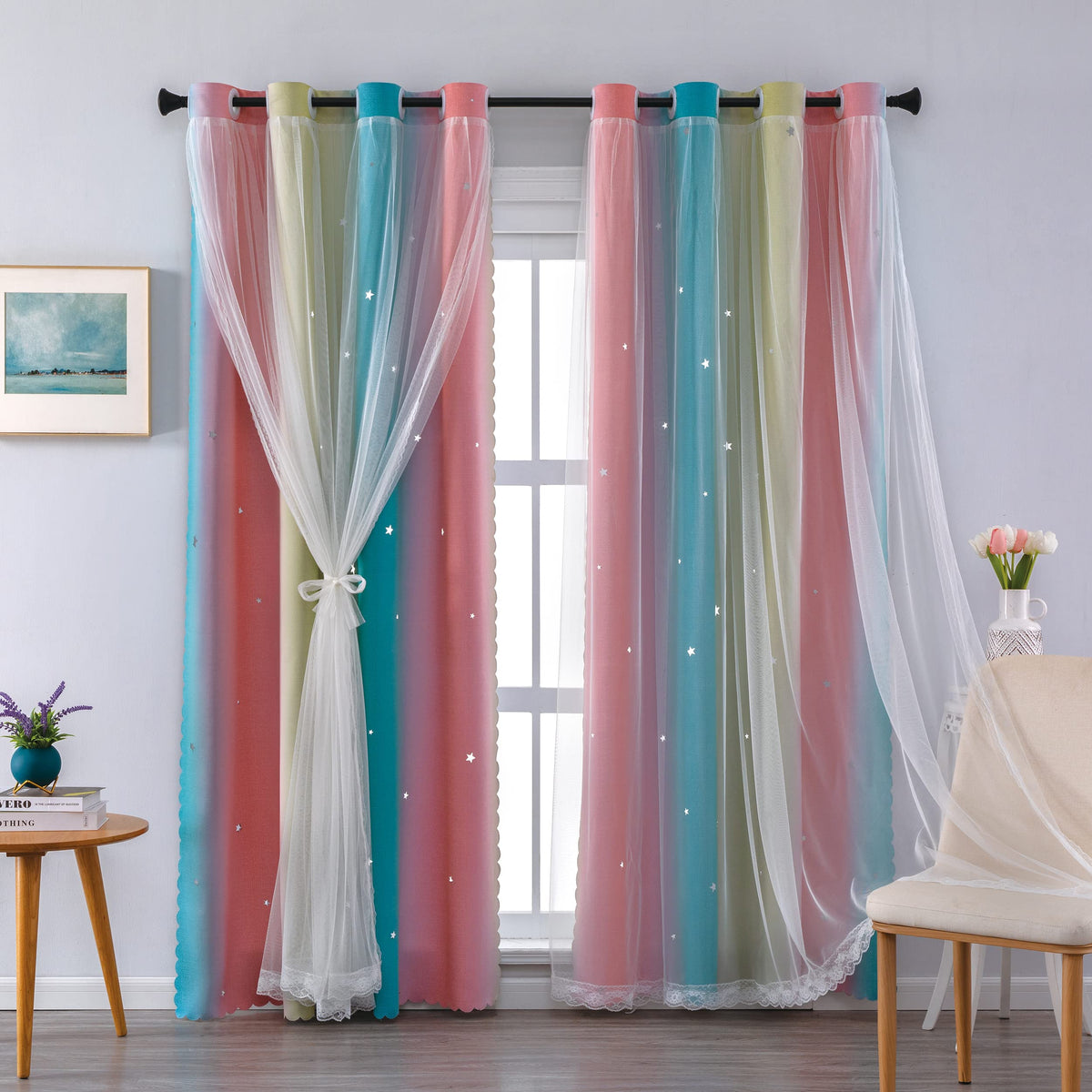 XiDi Curtains for Girls Bedroom Decor, Rainbow Blackout Curtains for Kids/Little Girl Room Decor, Unicorn Wall Decals,Pink Purple Green,63 x 34 inches,1 Panel