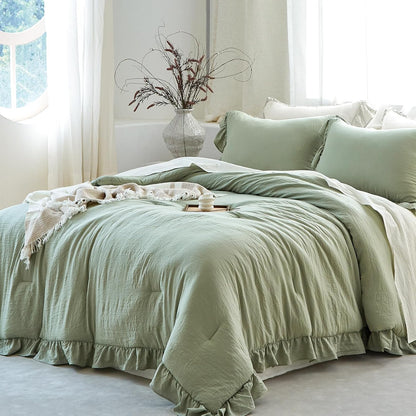 Sage Green Ruffle 3 Pieces Comforter Queen Shabby Chic Bedding