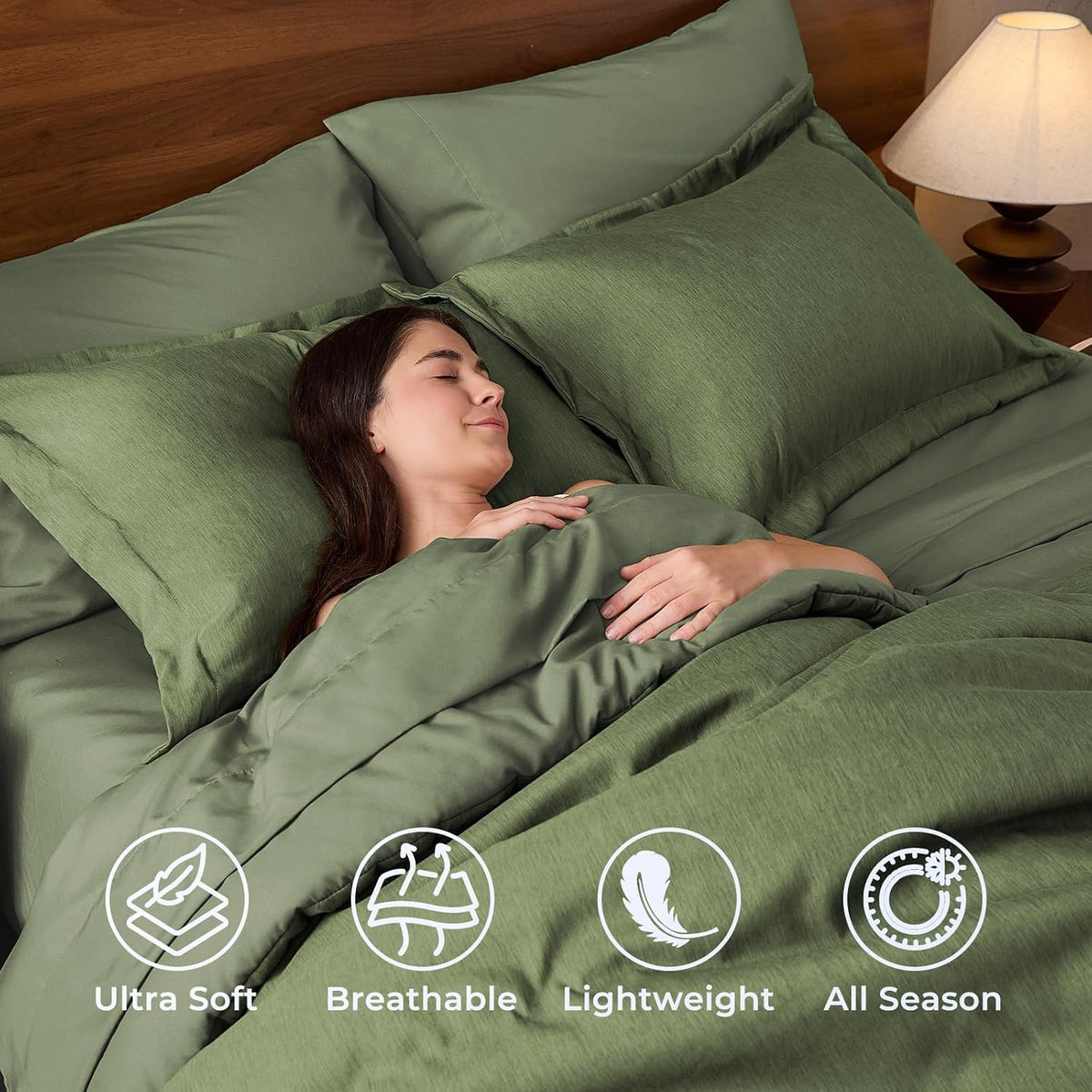 JOLLYVOGUE Queen Comforter Set 7 Pieces Dark Green, Cationic Dyeing Bed in a Bag Queen, Double-Tone Bedding Set with Down Alternative Comforter, Sheets, Pillowcases & Shams