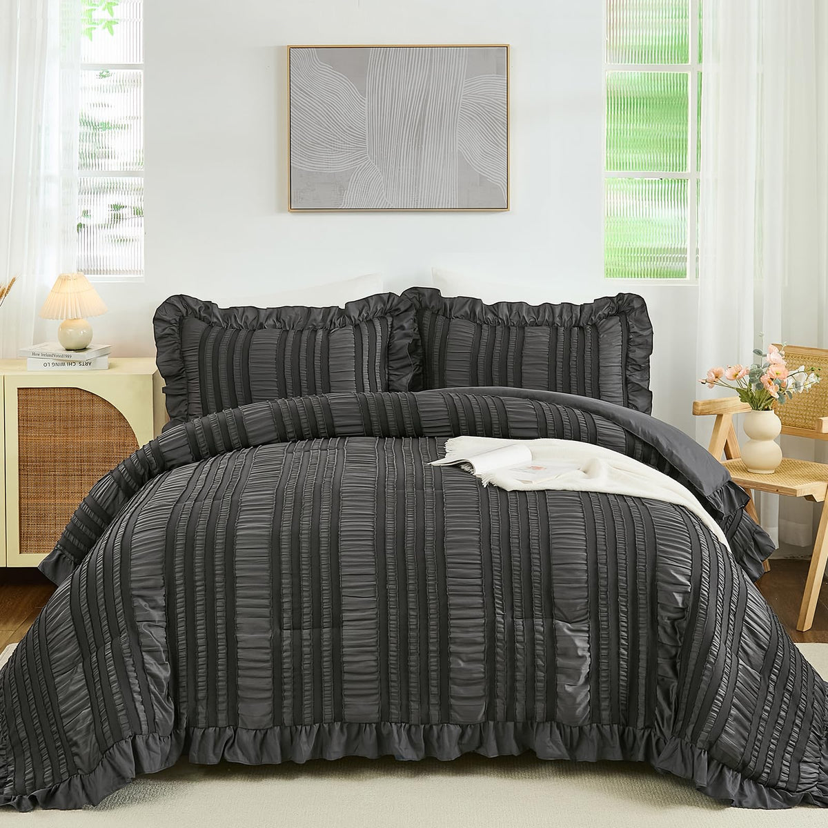 WONGS BEDDING White Queen Comforter Set,Boho Ruffle Comforter for Queen Bed,Soft Seersucker Shabby Chic Bedding Set with 1 Comforter,2 Tufted Pillowcases 90"×90"