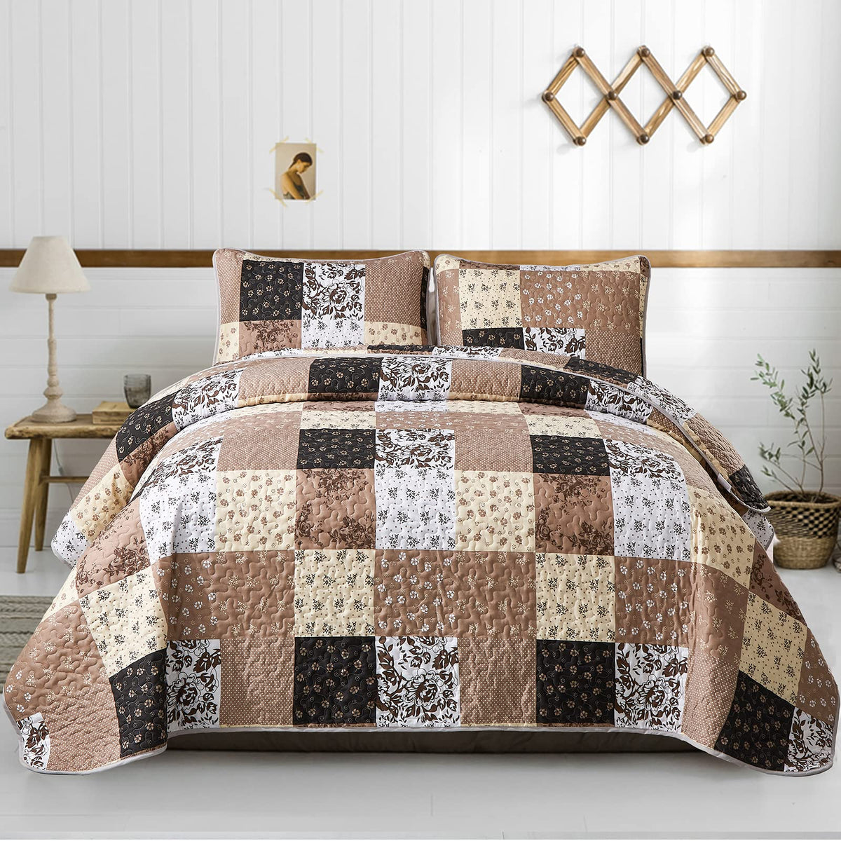 Mybedsoul Boho Quilts Queen Size, Patchwork Floral Bedding Set, Blue