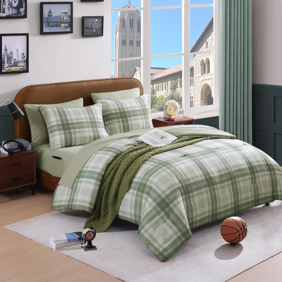 Plaid Full Size Comforter Set Blue Grey 7 Pieces Farmhouse Bed in a Bag