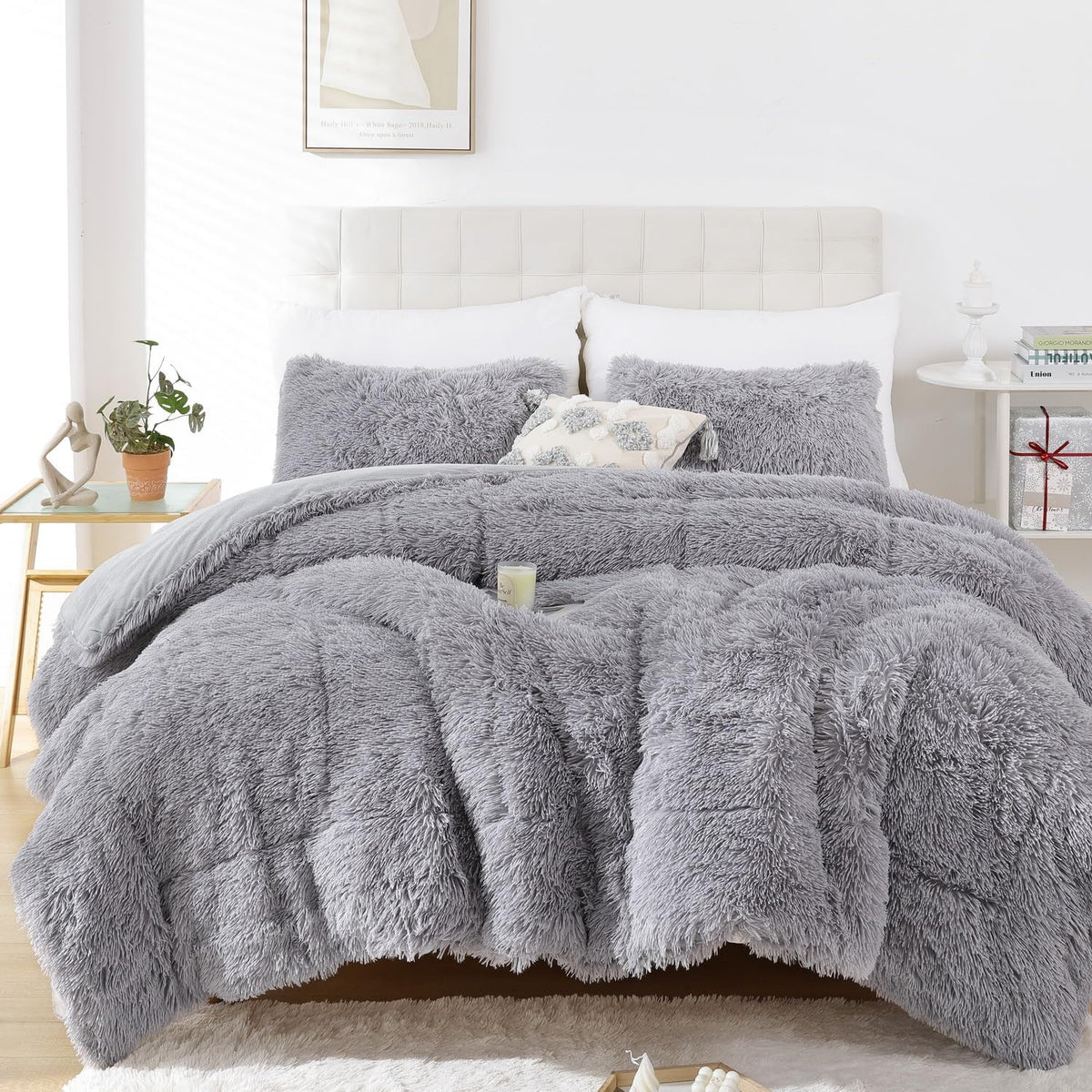 Smoofy Fluffy Queen Comforter Set, Faux Fur Pink Comforter Set 3 Pcs