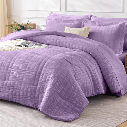 FreshCulture Comforter Set Seersucker 7 Pieces, All Season Bedding Set Queen, Bed in a Bag Comforter Set with 1 Comforter, 1 Flat Sheet, 1 Fitted Sheet, 2 Pillowcases and 2 Pillow Shams, Dark Grey