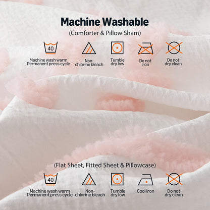 Amazon Basics Kids' Pink Bedding Set, 5-Piece Jacquard Bed-in-a-Bag with Comforter, Fitted Sheet, Flat Sheet, Pillowcase, Pillow Sham, Deep Pocket 16", All-Season, Pink Tufted, Twin