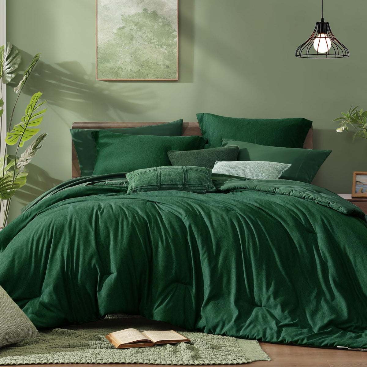Monbix King Size Comforter Set Olive Green 7 Pieces Bed in a Bag
