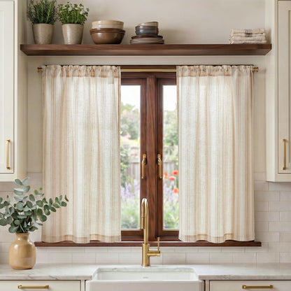jinchan Linen Striped Tier Curtains for Kitchen Windows Green 26 x 24 inch