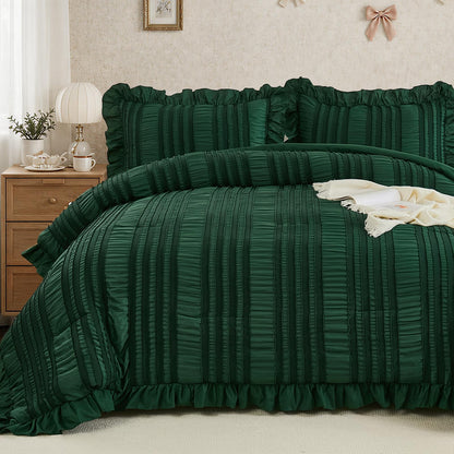 WONGS BEDDING White Queen Comforter Set,Boho Ruffle Comforter for Queen Bed,Soft Seersucker Shabby Chic Bedding Set with 1 Comforter,2 Tufted Pillowcases 90"×90"