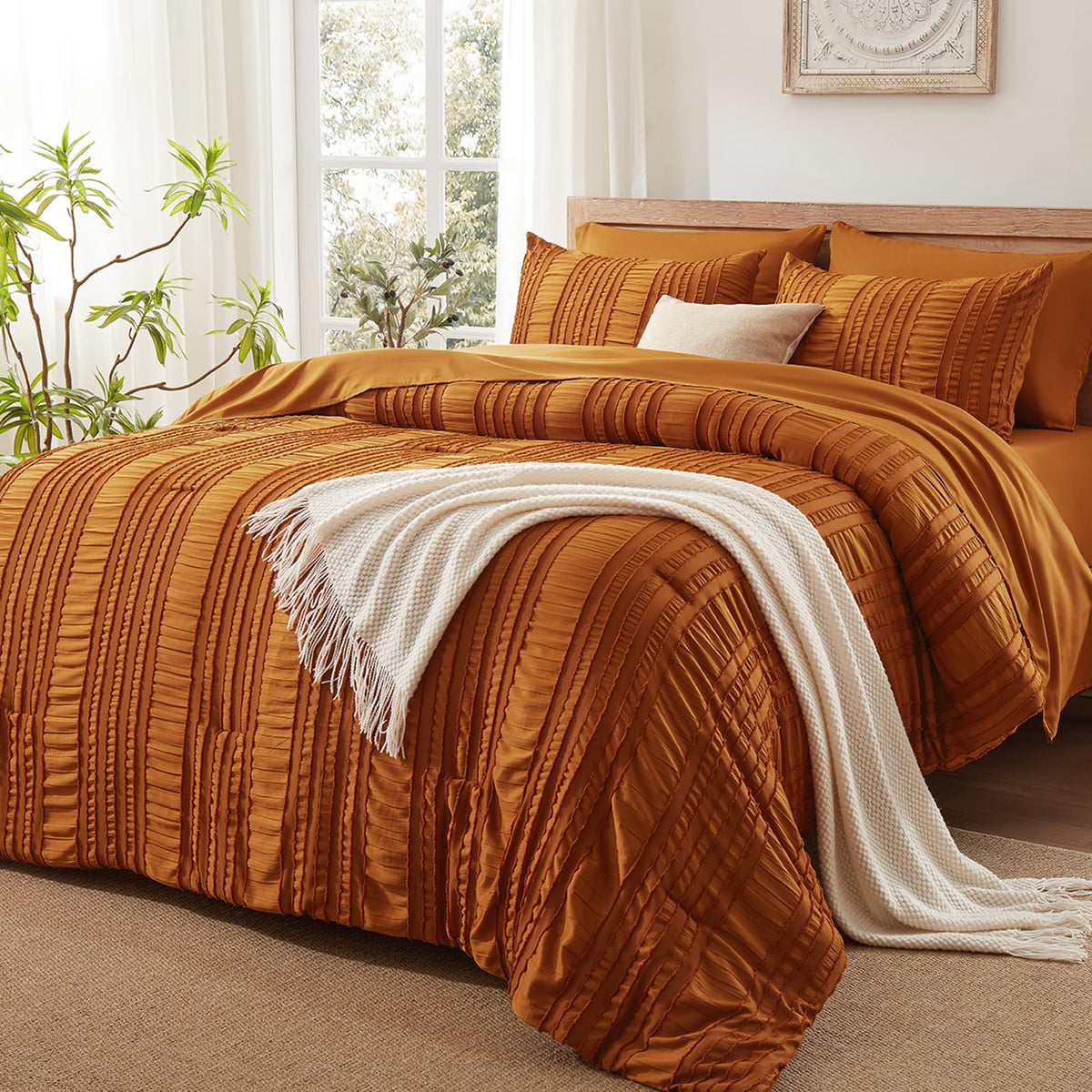 DHSFKBE Floral Comforter Set Queen Size,7 Piece Orange Bed in a Bag, Elegant Flower Pattern Comforter Set with Sheet, Soft Microfiber Complete Bedding Sets for All Season