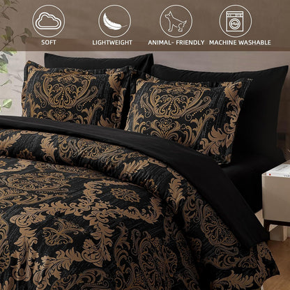 WONGS BEDDING Black Comforter Set Queen Size, Gold Damask Texture 7 Pieces Bed in a Bag Microfiber Comforter Bedding Sets -1 Comforter, 1 Flat Sheet, 1 Fitted Sheet, 2 Pillow Shams, 2 Pillowcases