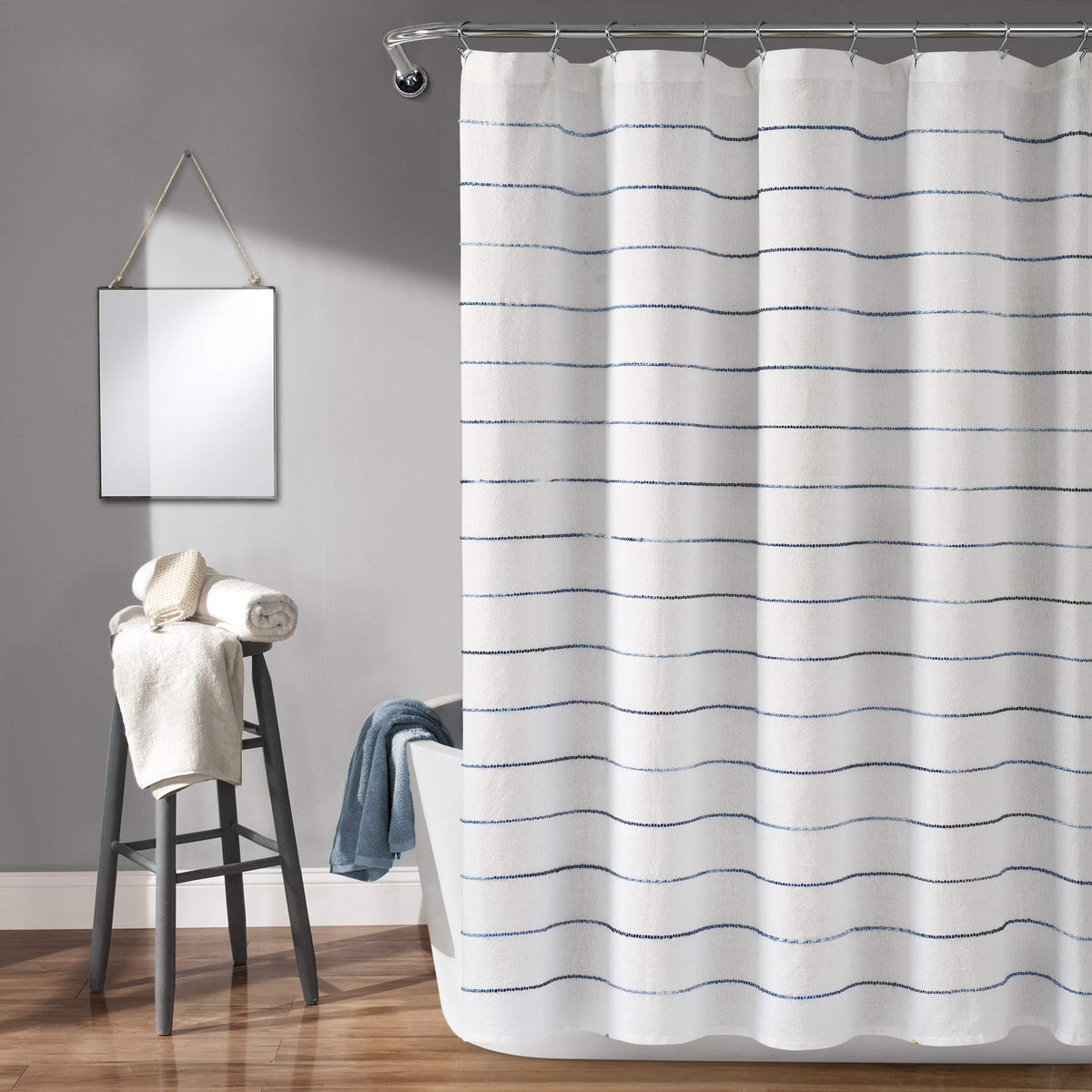 Lush Decor Ombre Stripe Yarn Dyed Cotton Shower Curtain, 72" W x 72" L, Navy & Multi - Fabric Shower Curtains - Striped Bathroom Curtain - Farmhouse & Coastal Decor