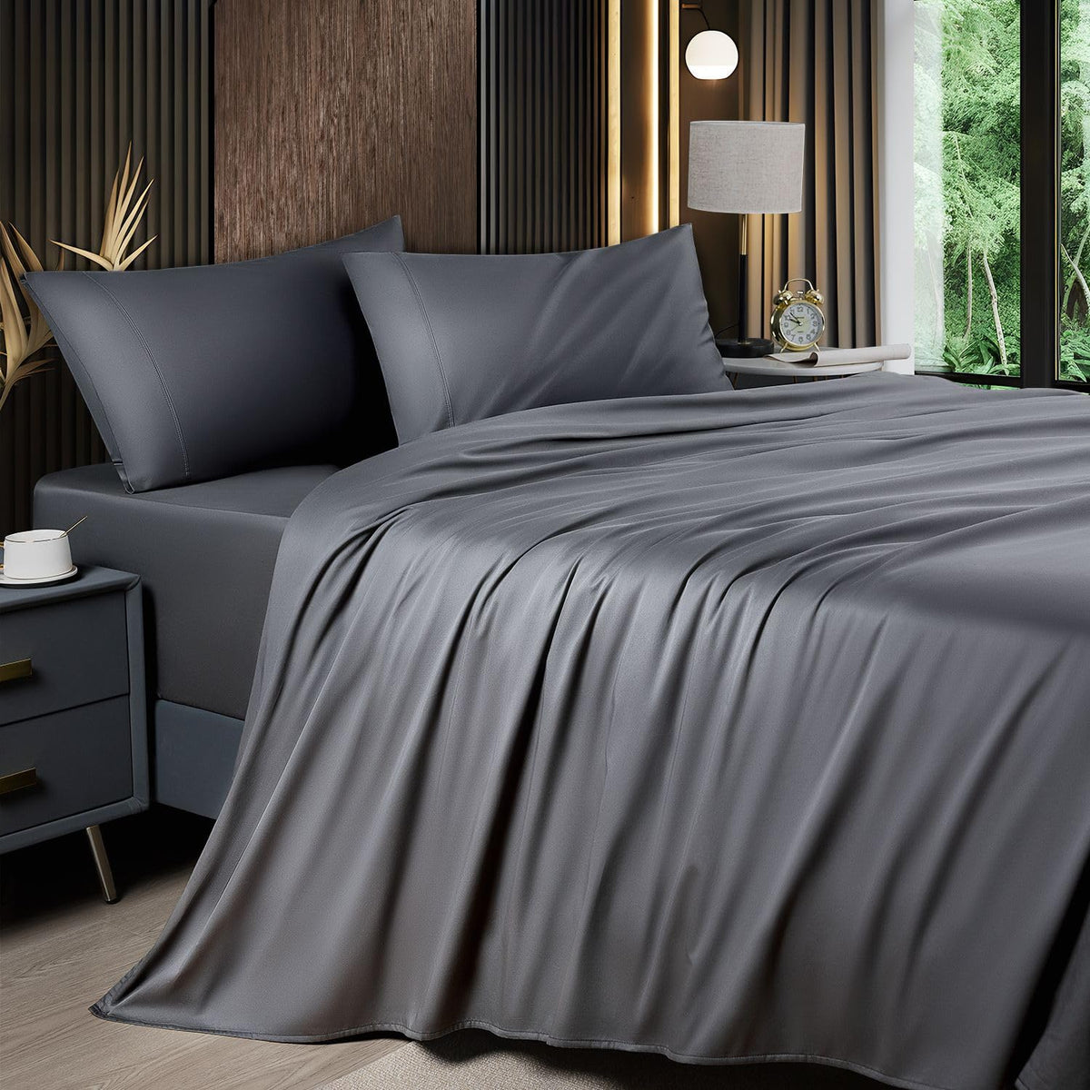 Shilucheng 6 Piece Queen Sheet Sets, Cooling Sheets, Dark Grey