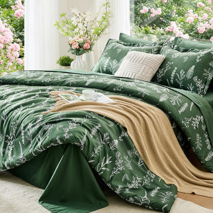 MUXHOMO Queen Comforter Set, 7-Piece Floral Bed in a Bag, Sage Green