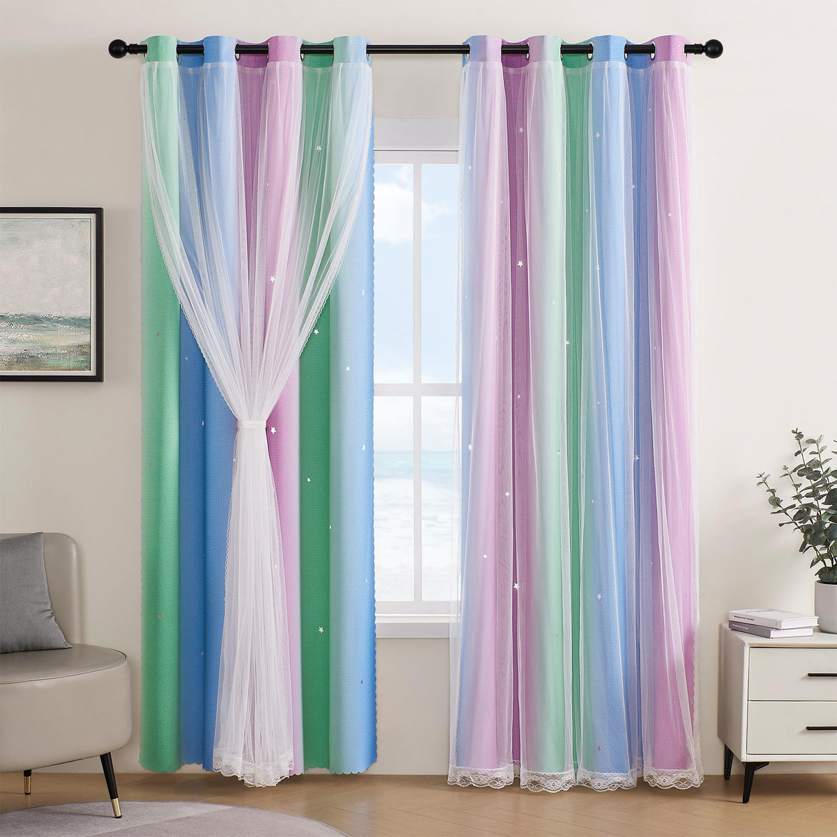 XiDi Curtains for Girls Bedroom Decor, Rainbow Blackout Curtains for Kids/Little Girl Room Decor, Unicorn Wall Decals,Pink Purple Green,63 x 34 inches,1 Panel