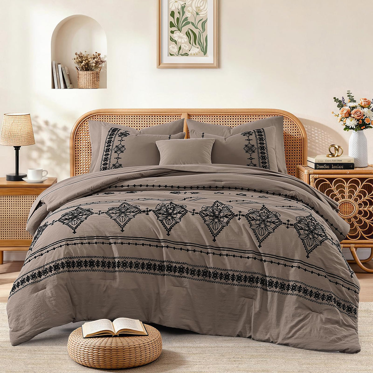 MaiRêve Embroidery Queen Comforter Set 7 Pieces Burnt Orange Bed in a Bag