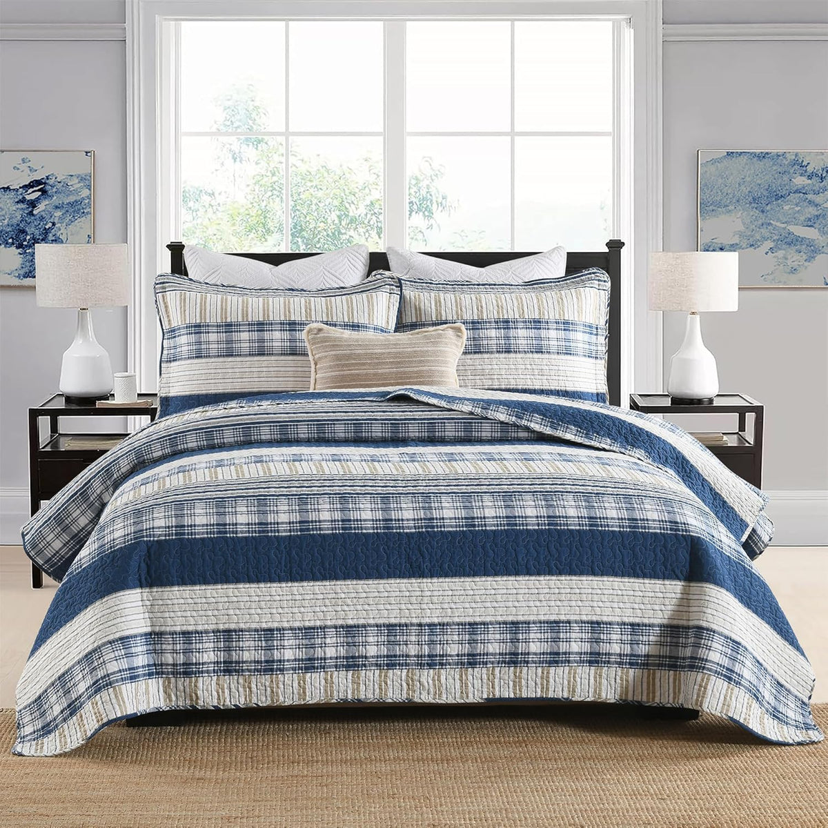 Homzard 100% Cotton Quilt Bedding Set Queen Size Striped Floral Bedspread
