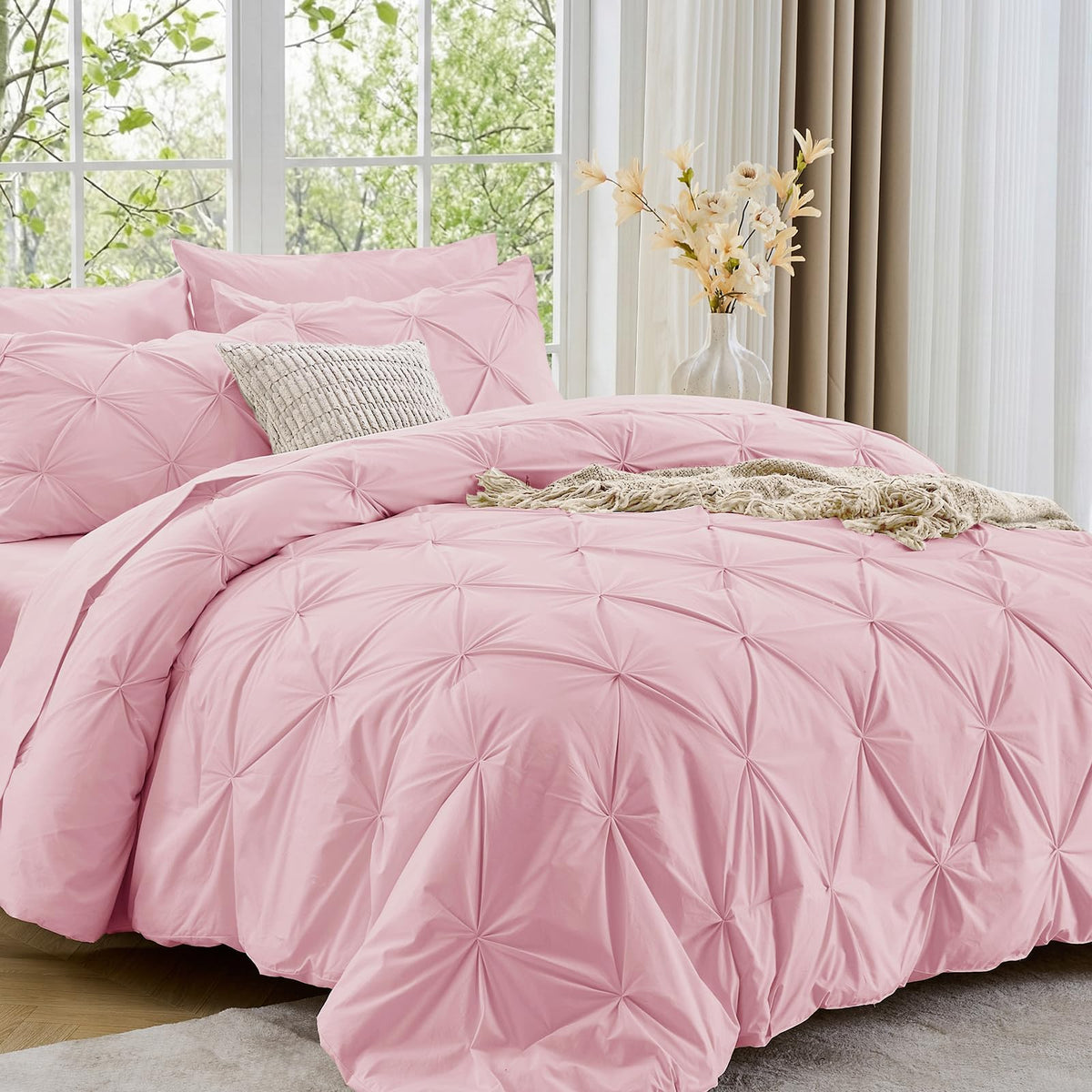 Sasttie Full Size Comforter Set, 7-Piece Bed in a Bag Double, Pintuck Bedding Set for All Season, Includes Comforter, Flat Sheet, Fitted Sheet, Pillowcases and Pillowshams, Beige