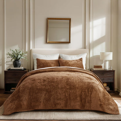 EverGrace Stripe Channel Luxury Velvet Quilt Set King Size, Beige Taupe