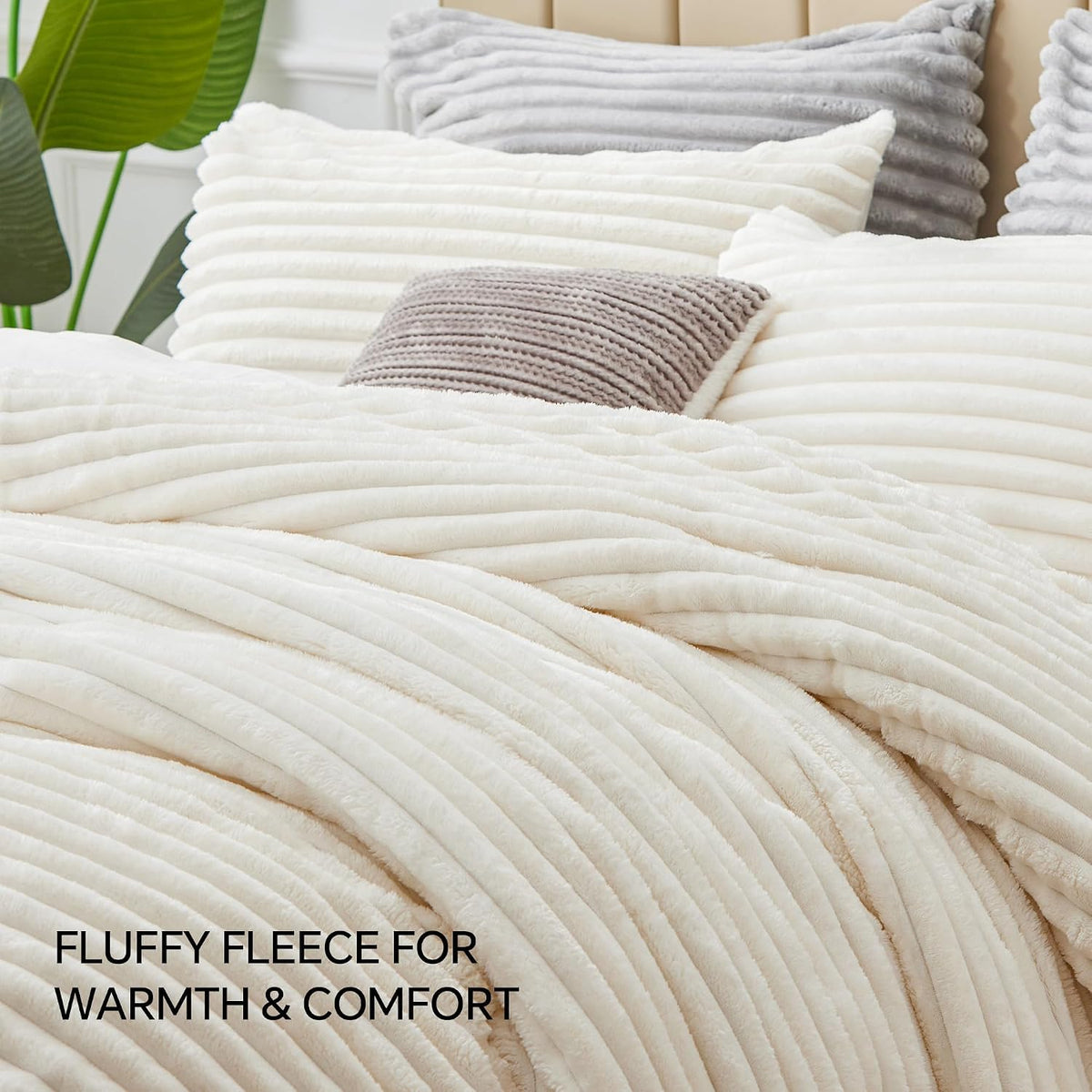BEDELITE Fleece Full Comforter Set, Fluffy Bed Set, Cream White