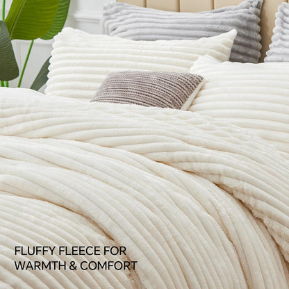 BEDELITE Fleece Full Comforter Set, Fluffy Bed Set, Cream White