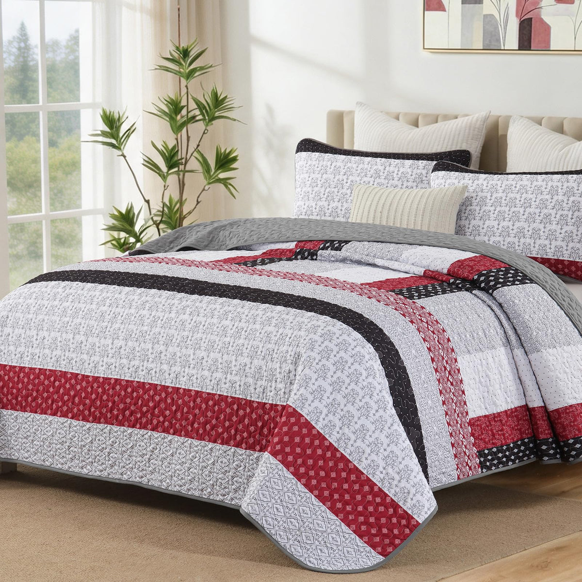 WONGS BEDDING Grey Queen Size Quilt Set, Boho Striped Bedspread