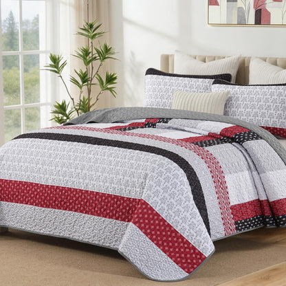 WONGS BEDDING Grey Queen Size Quilt Set, Boho Striped Bedspread