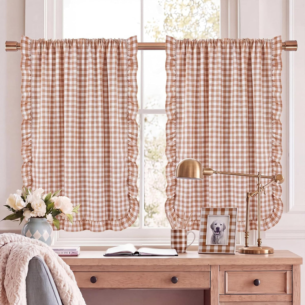 Brown White Gingham Kitchen Curtains 36" Buffalo Plaid Ruffle Cafe Curtains