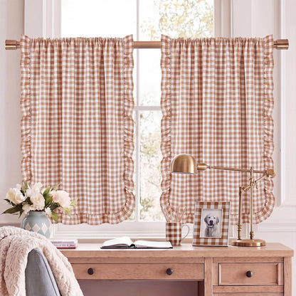 Brown White Gingham Kitchen Curtains 36" Buffalo Plaid Ruffle Cafe Curtains