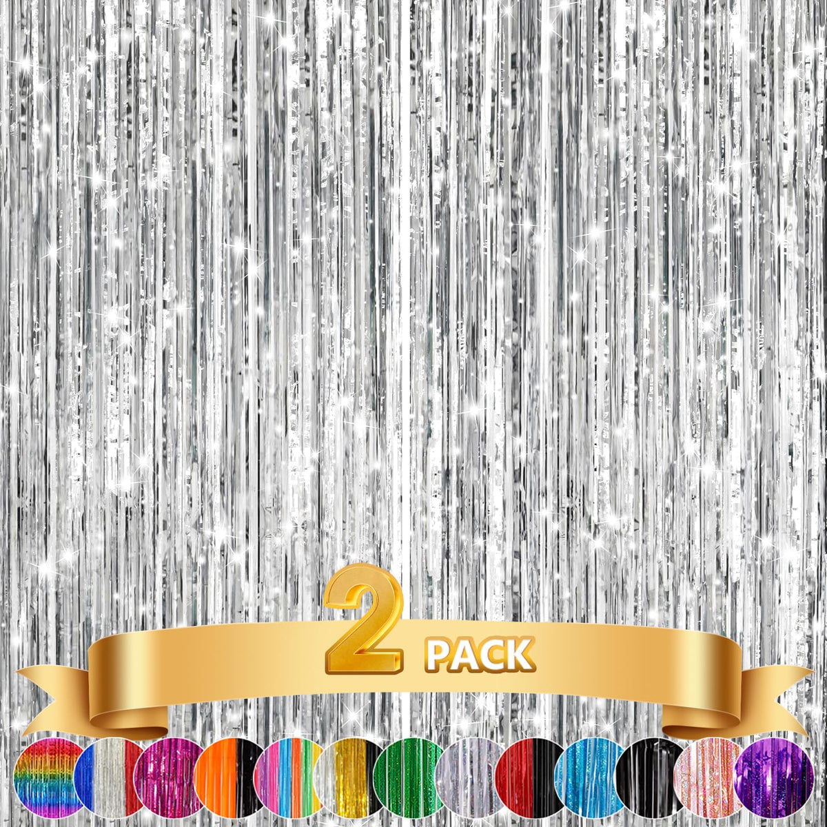 GCB 2Pack Black Metallic Tinsel Foil Fringe Curtain, Black Curtain Backdrop