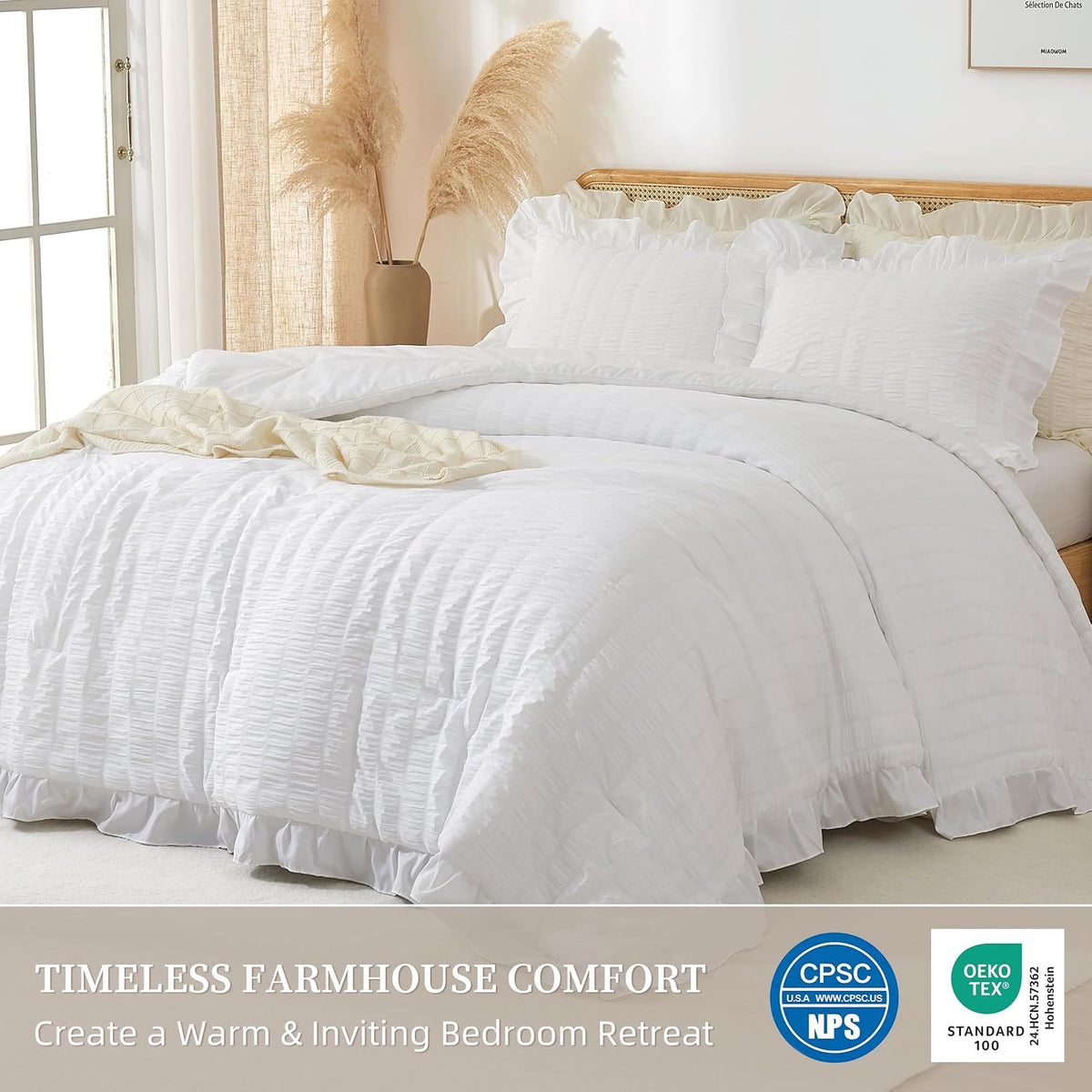 Ruffle Seersucker Queen Szie Comforter Set, Shabby Chic Bedding