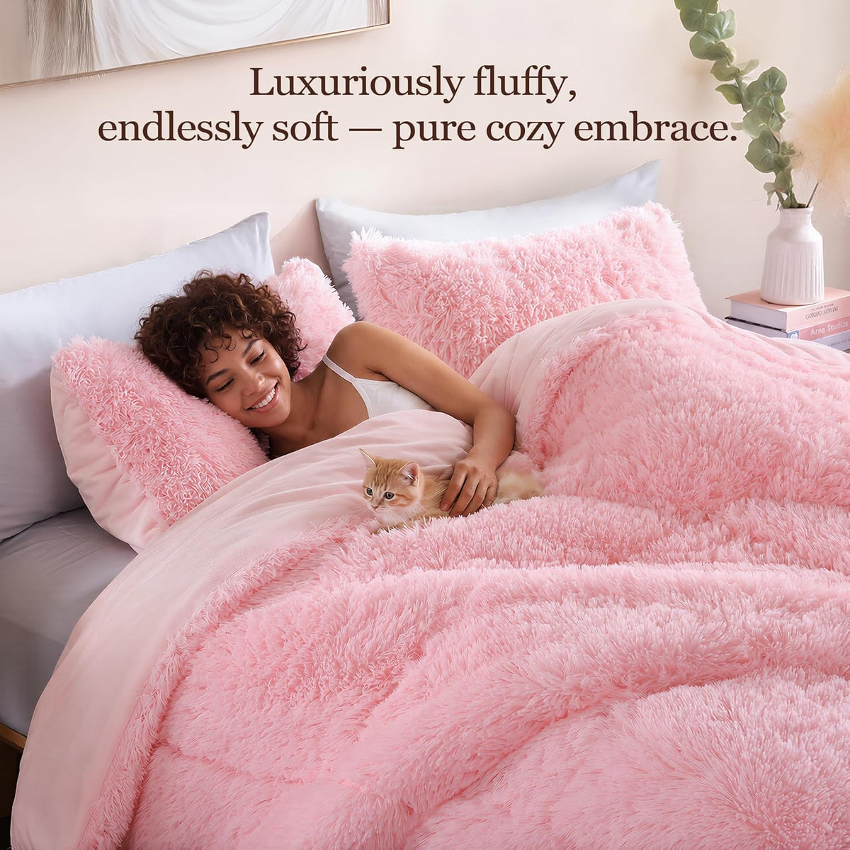 Smoofy Fluffy Queen Comforter Set, Faux Fur Pink Comforter Set 3 Pcs