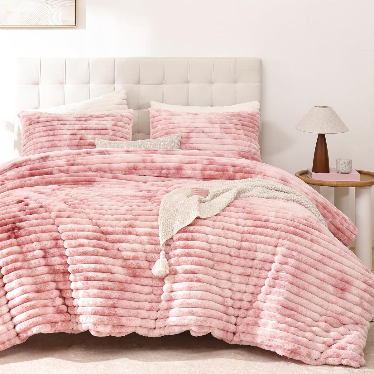 Smoofy Fluffy Queen Size Comforter 3 PCS - Pink Fleece Bedding Set