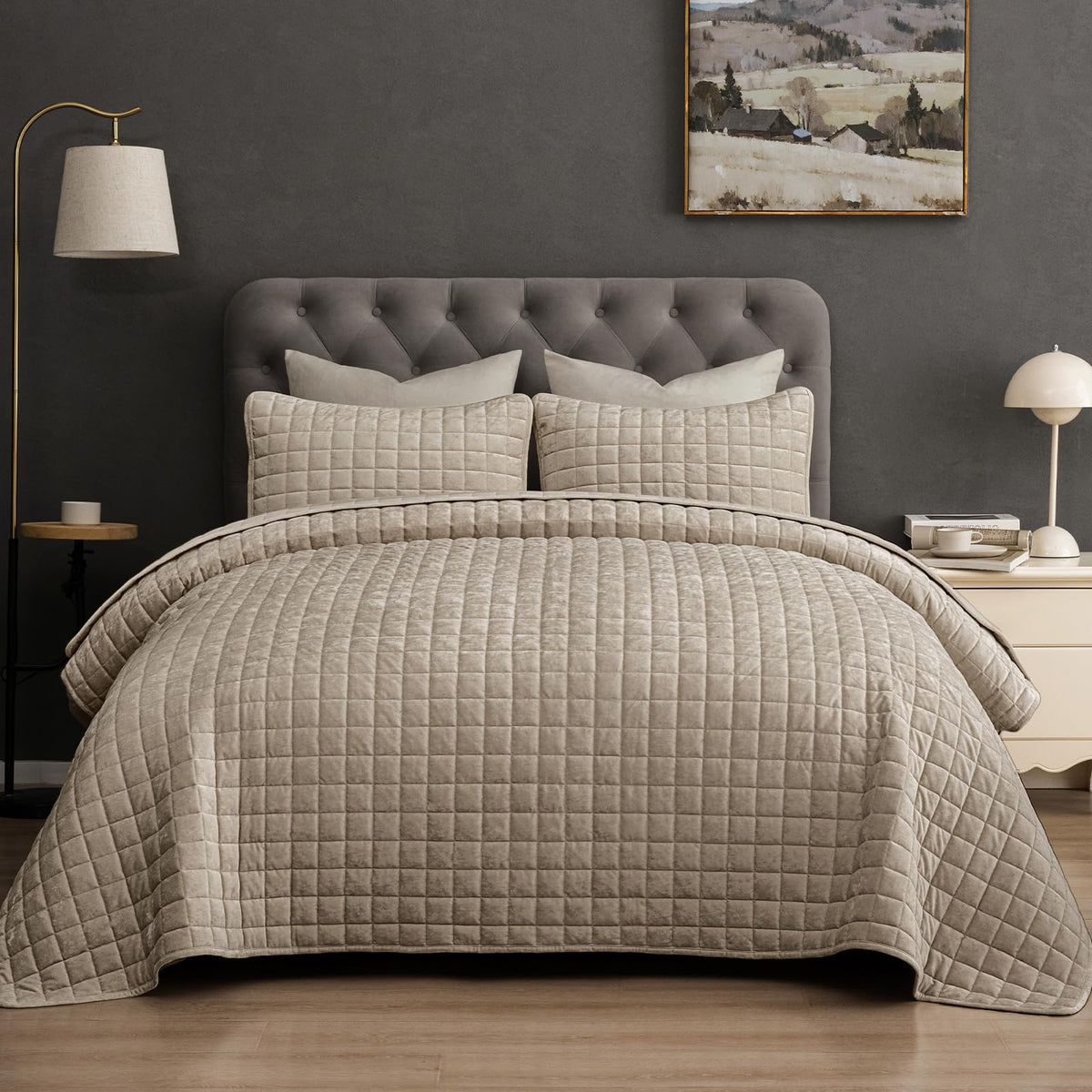 PHF Diamond Pattern Luxury Velvet Quilt Set Queen Size, Sand