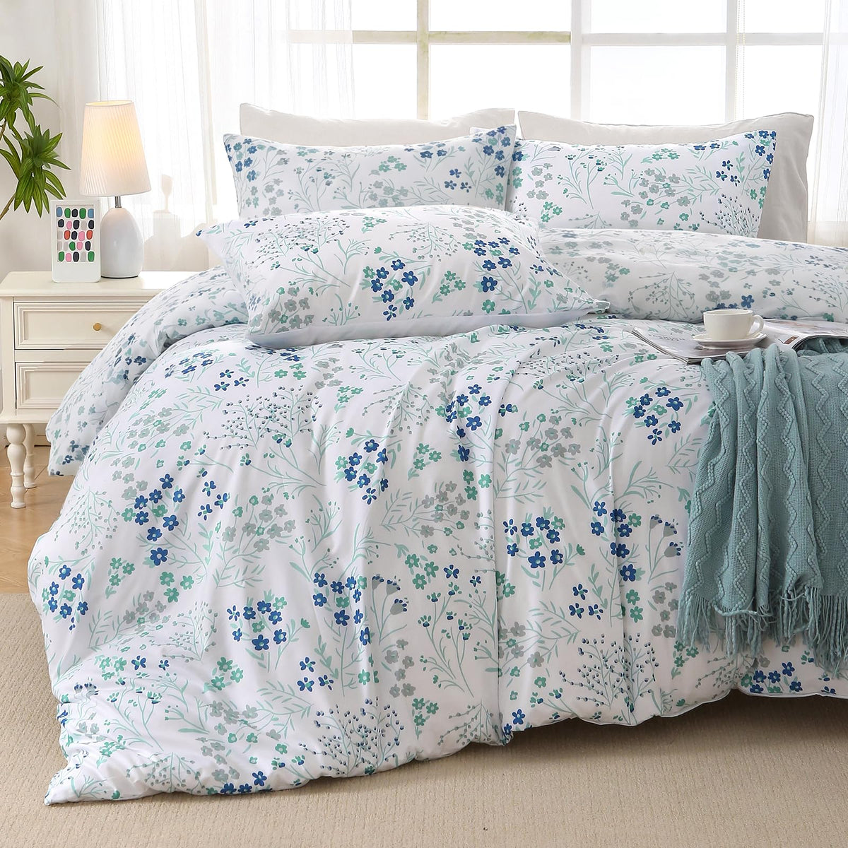 MUXHOMO Queen Comforter Set, 7-Piece Floral Bed in a Bag, Sage Green