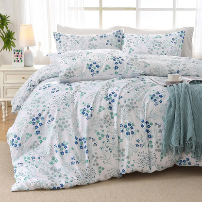 MUXHOMO Queen Comforter Set, 7-Piece Floral Bed in a Bag, Sage Green