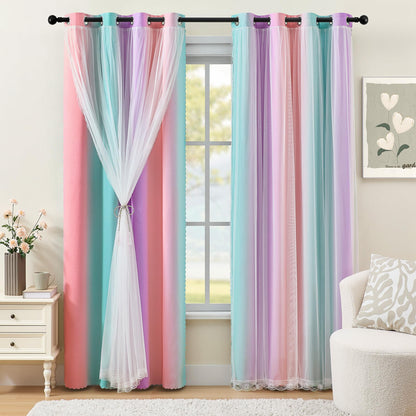XiDi Curtains for Girls Bedroom Decor, Rainbow Blackout Curtains for Kids/Little Girl Room Decor, Unicorn Wall Decals,Pink Purple Green,63 x 34 inches,1 Panel