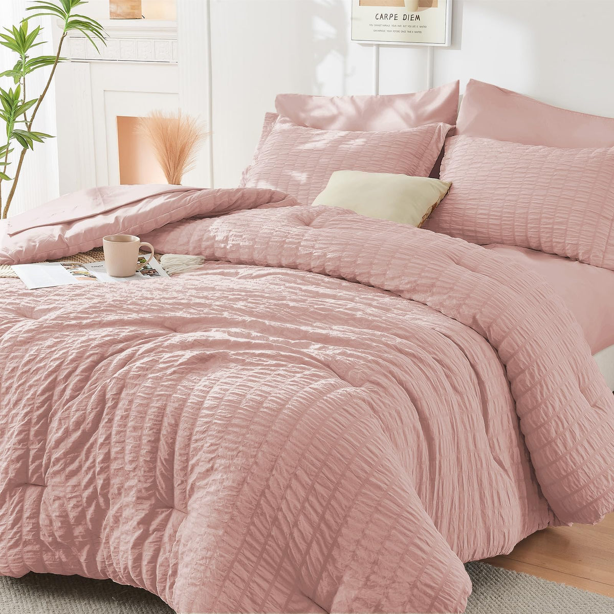 Full Comforter Set - 7PCS Bed in a Bag, Seersucker Bedding Set, Dark Grey
