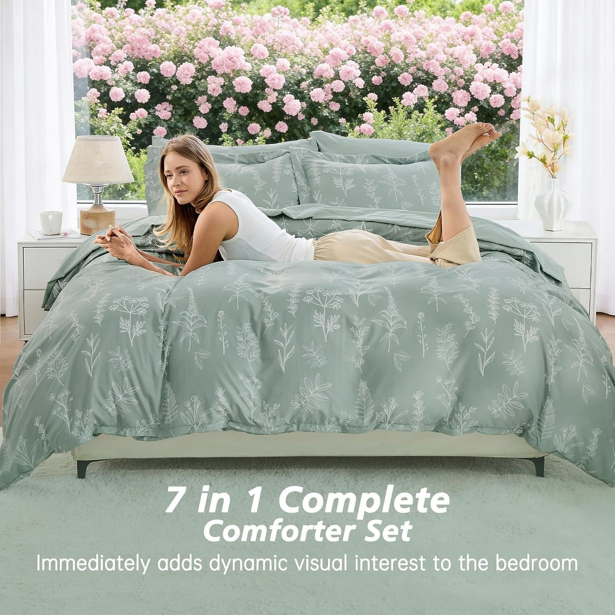 MUXHOMO Queen Comforter Set, 7-Piece Floral Bed in a Bag, Sage Green
