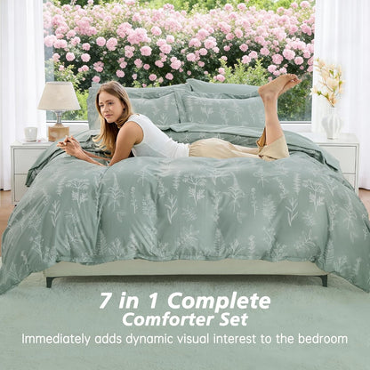 MUXHOMO Queen Comforter Set, 7-Piece Floral Bed in a Bag, Sage Green