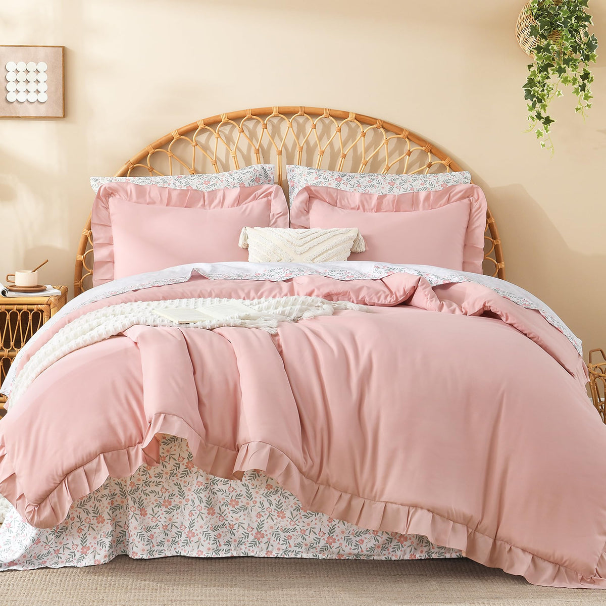 Litanika 7Pcs Full Ruffled Sage Green Comforter Set with Floral Sheets