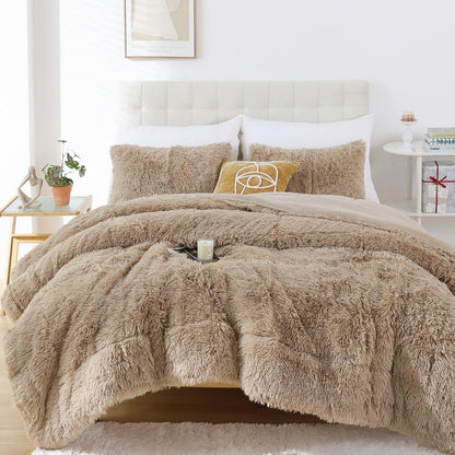 Smoofy Fluffy Queen Comforter Set, Faux Fur Pink Comforter Set 3 Pcs