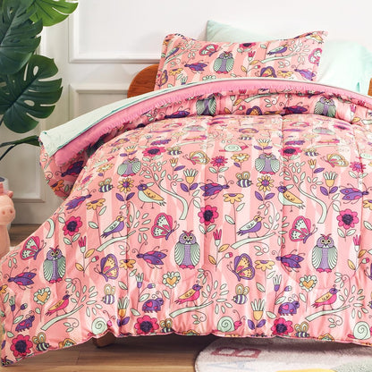 SLEEP ZONE Comforter Set Bed in A Bag, 7 Pieces Girls, Cattoon Pattern for Kids, Toddlers, Teens, Ultra Soft and Washable (Garden Secret,Full/Queen)