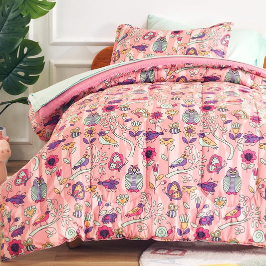 SLEEP ZONE Comforter Set Bed in A Bag, 7 Pieces Girls, Cattoon Pattern for Kids, Toddlers, Teens, Ultra Soft and Washable (Garden Secret,Full/Queen)