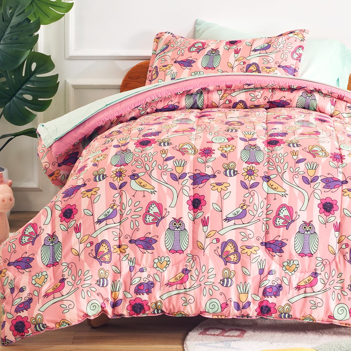 SLEEP ZONE Comforter Set Bed in A Bag, 7 Pieces Girls, Cattoon Pattern for Kids, Toddlers, Teens, Ultra Soft and Washable (Garden Secret,Full/Queen)