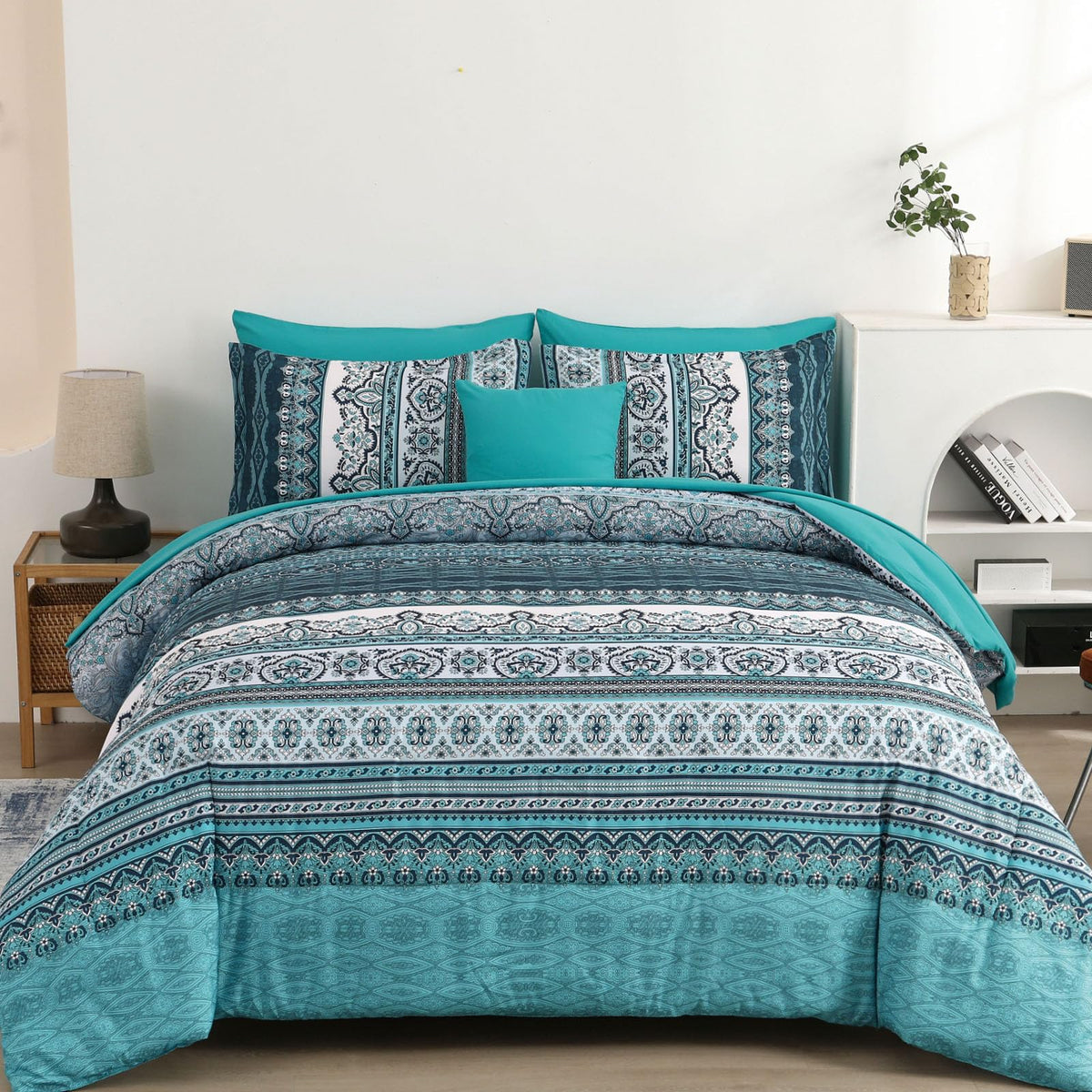 Cottolester Boho Comforter Set Queen Size 8 Piece Bed in a Bag Bohemian Striped Bedding Quilt Set Aqua Paisley Floral Comforter and Sheet Set,Soft Microfiber Complete Bedding Sets for All Season