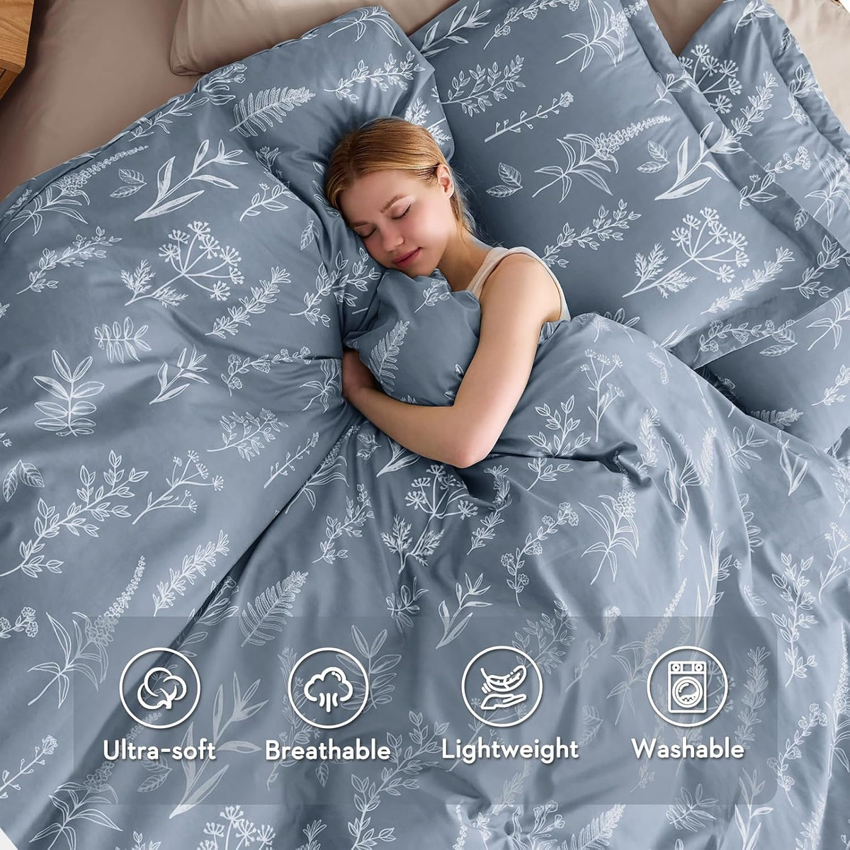 MUXHOMO Duvet Cover King Size, 3-Piece Floral Grey-Blue Bedding Set