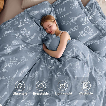 MUXHOMO Duvet Cover King Size, 3-Piece Floral Grey-Blue Bedding Set