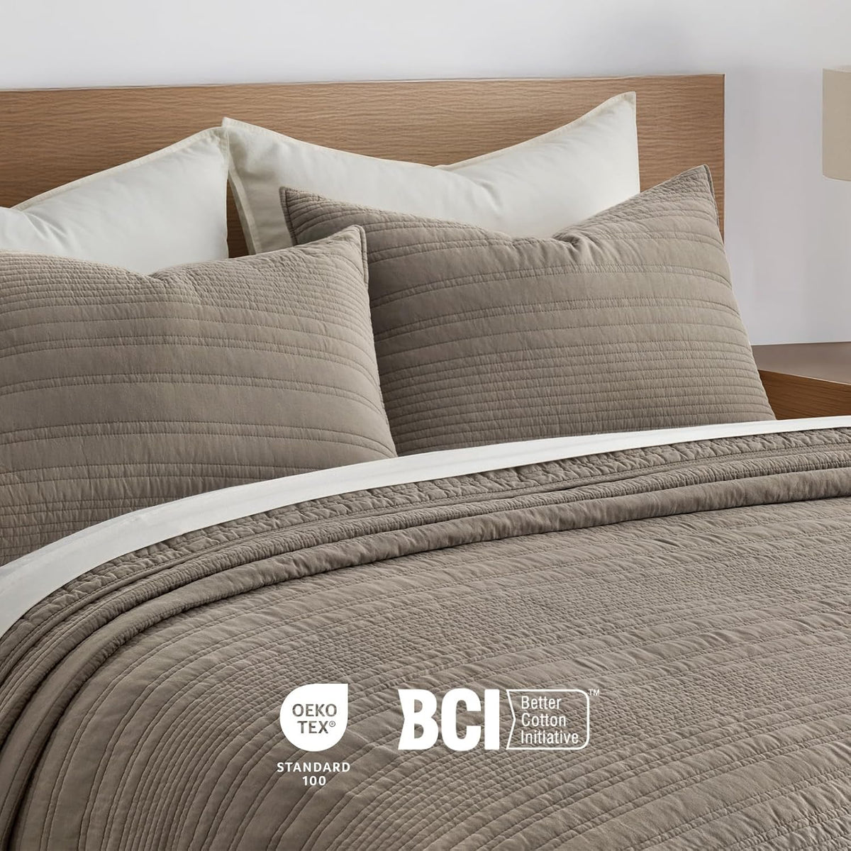EVERGRACEHOME 100% Cotton Modern Lines Quilt Set King Size, Stone Taupe