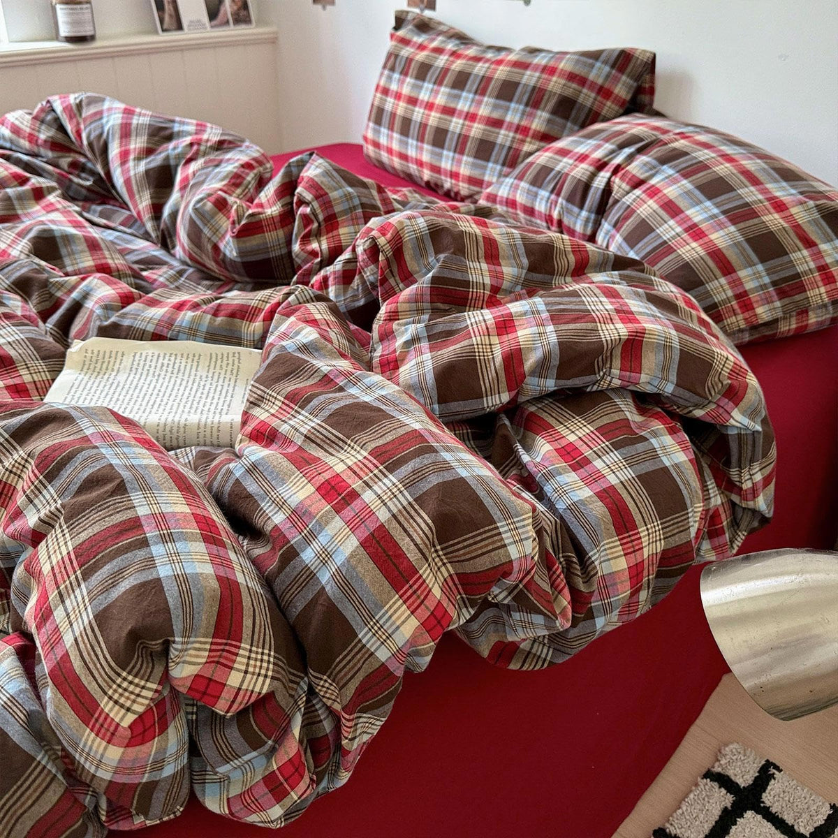 LifeTB Queen Comforter Set Fluffy Plaid Checkered Pattern Modern Style Geometric Comforter with 2 Pillow Shams Grid Plaid Bedding Comforter for Boys Men All Season Queen Size Bed Comforter Set