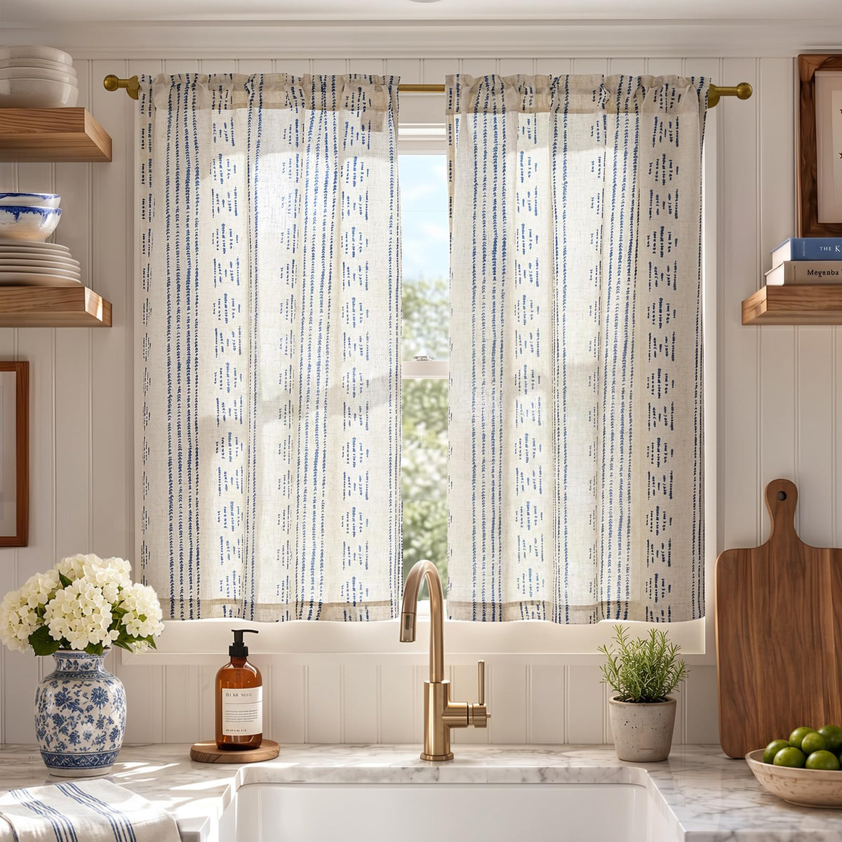 jinchan Linen Striped Tier Curtains for Kitchen Windows Green 26 x 24 inch